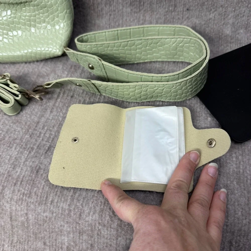 Sage Green Croc Embossed 3 PC Synthetic Purse‎ Set Bucket Bag Crossbody Wallet